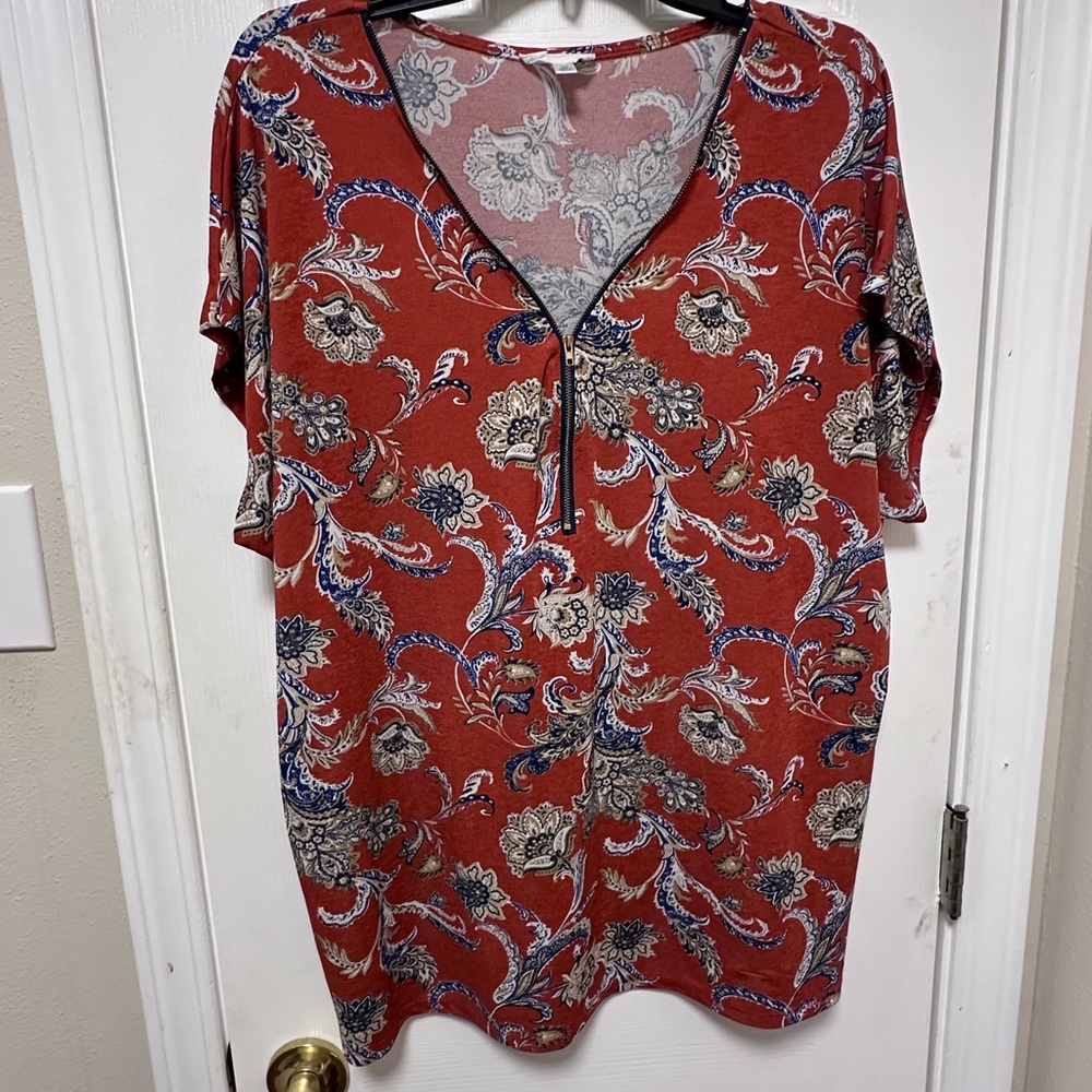 Orange Graphic Zipper Tunic Blouse GUC